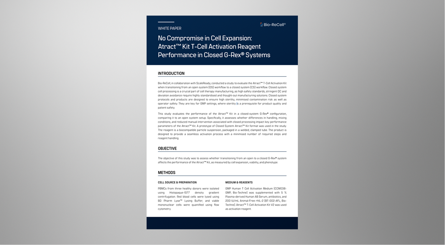 Bio-ReCell Publishes White Paper On Closed System T-Cell Activation With Atract™ T-Cell Activation Kit